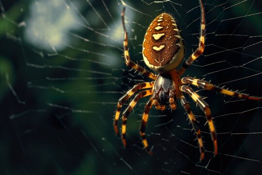 Macro shot of a spider on the web in the forest, a mesmerizing natural background brought into focus with Generative AI