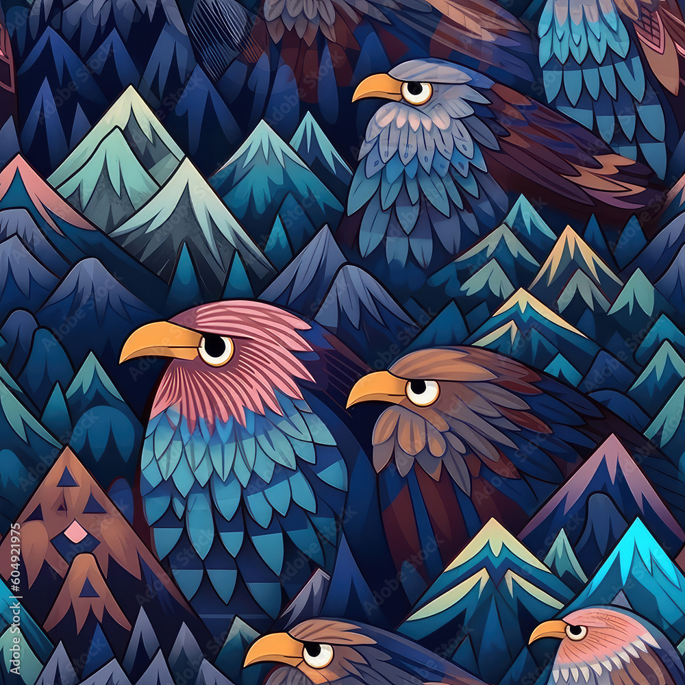 Wall mural eagles seamless repeat pattern - fantasy colorful cubism, abstract art, trippy psychedelic [generati