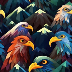 Obraz na płótnie Canvas Eagles seamless repeat pattern - fantasy colorful cubism, abstract art, trippy psychedelic [Generative AI] 