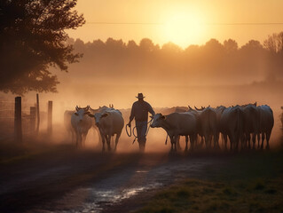 Fototapeta na wymiar A farmer herding a group of cows back to the barn at sunset. Generative ai