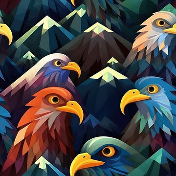 Eagles seamless repeat pattern - fantasy colorful cubism, abstract art, trippy psychedelic [Generative AI]
