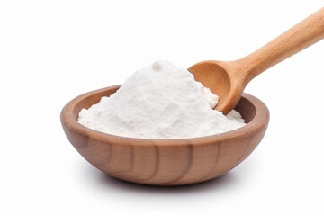 Fototapeta na wymiar Closeup tapioca starch (potato flour or powder) in wooden bowl and spoon isolated on white background,