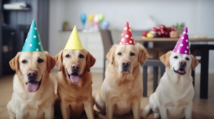Several funny golden retrievers celebrating birthday wearing birthday caps, in living room of modern interior. AI generative	