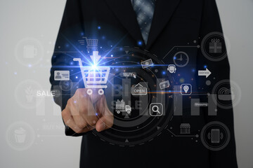 Businessman using laptop to connect to internet and information from around the world to Analysis of sales data and economic growth. Business strategy, digital market. finance, marketing, e-commerce