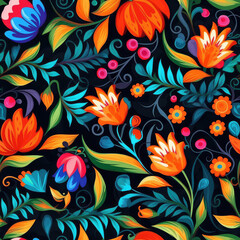 Naklejka premium Folk art flowers colorful seamless repeat pattern [Generative AI] 