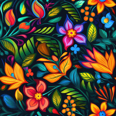 Fototapeta na wymiar Folk art flowers colorful seamless repeat pattern [Generative AI] 