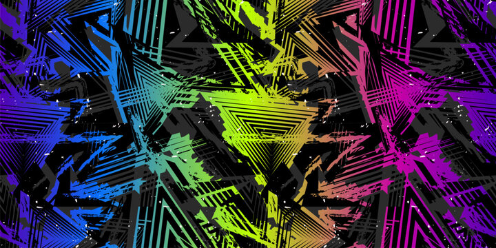 Trendy sport pattern. Abstract vector seamless grunge background. Urban art texture with lines, triangles, chaotic brush strokes. Neon vibrant rainbow color and black. Grunge graffiti pattern design