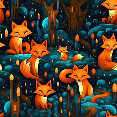 Obraz na płótnie Canvas Foxes seamless repeat pattern - fantasy colorful cubism, abstract art, trippy psychedelic [Generative AI] 