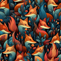 Fototapeta premium Foxes seamless repeat pattern - fantasy colorful cubism, abstract art, trippy psychedelic [Generative AI] 