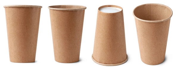 empty paper cups or disposable cups isolated background, made from biodegradable brown paperboard...