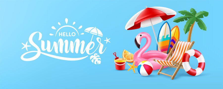 Hello Summer poster or banner template with Pink Flamingo Pool Float, Beach Chairs, Beach Umbrella,Surfboards and Summer element on blue background. Promotion and shopping template for Summer