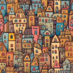 Obraz premium Houses in fantasy village seamless repeat pattern - colorful cubism, abstract art, trippy psychedelic [Generative AI] 