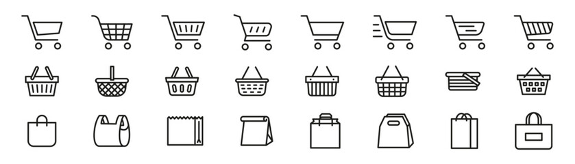 Shopping cart, basket, bag icon set. Linear shop icon set. - obrazy, fototapety, plakaty