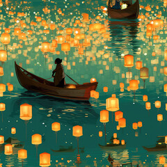 Obraz premium Boats and lanterns fantasy seamless repeat pattern [Generative AI] 