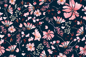 Flower seamless pattern with watercolor.Designed for fabric and wallpaper, vintage style.Hand drawn floral pattern illustration.Blooming flower painting for summer.Botany background.