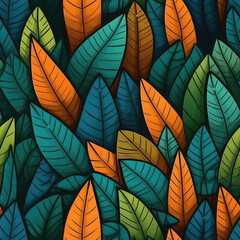 Fototapeta na wymiar Colorful leaves seamless repeat pattern - fantasy colorful cubism, abstract art, trippy psychedelic [Generative AI] 