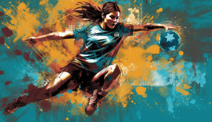 Dazzling abstract design for FIFA Women's World Cup featuring a vibrant female player and colorful paint splashes. Generative AI