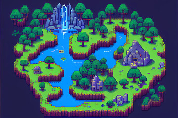 A pixel art illustration showcasing the top view of a fantasy game interface, featuring vibrant colors, intricate details, and a variety of game elements, generative ai - obrazy, fototapety, plakaty