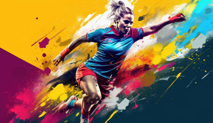 Fototapeta na wymiar Expressive abstract illustration of a female soccer player in action. Colorful paint splashes. FIFA Women's World Cup. Generative AI