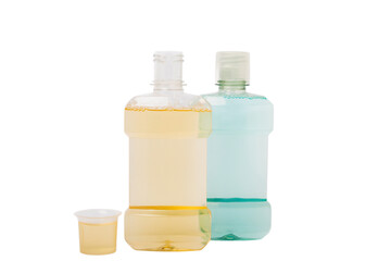 Mouthwash isolated on white background. Flat lay. Oral hygiene. Oral care kit. Dentist concept. Place for text. Place to copy.