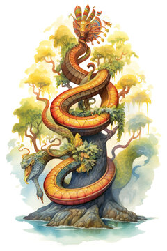 A watercolor painting of a snake on a tree. Generative AI.