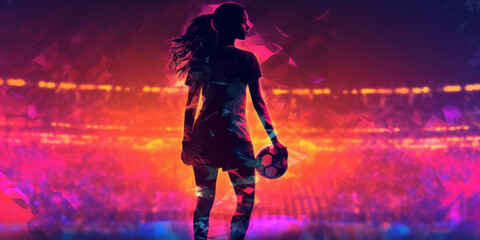 Fototapeta premium Creative vibrant female football player silhouette on a football stadium background wallpaper. Concept design for FIFA Women's World Cup football tournament. Generative AI
