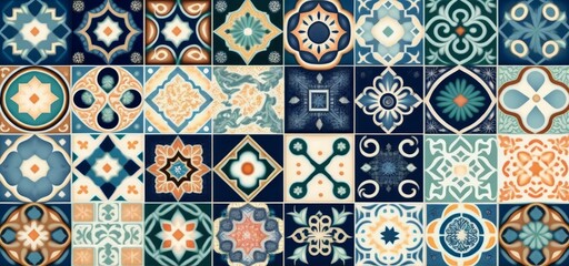 Seamless colorful patchwork Moroccan tile. motifs Majolica pottery tile. Portuguese and Spain decor wall and floor Ceramic tile Design, Generative AI - obrazy, fototapety, plakaty