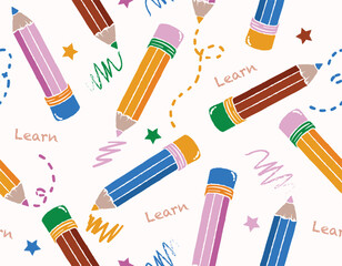 Colorful Cute Hand drawn pencils seamless pattern , Vector kids pattern , Back to school , Design for fashion , fabric, textile, wallpaper, cover
