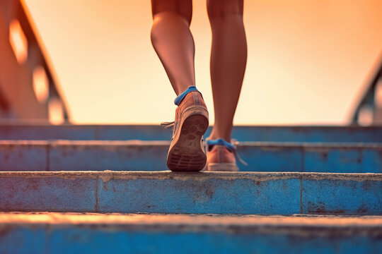 Close up legs walking on the stairs, blured sky background. AI generative