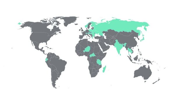 Stylized global grey and green/blue/teal flat World Map on white background. Animation revealing different countries on the map.