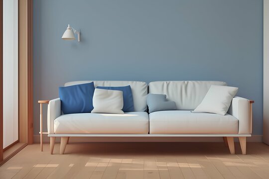 Canvas on the wall in a room with a white sofa, wooden parquet floor, blue color of the room - generative ai

