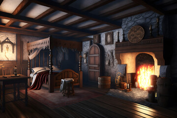 Fototapeta na wymiar Fantasy interior of a medieval bedroom with traditional decorations and a cozy fireplace . 3d rendering