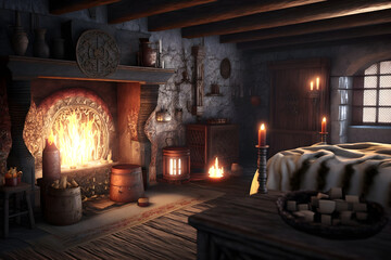 Fototapeta premium Fantasy interior of a medieval bedroom with traditional decorations and a cozy fireplace . 3d rendering