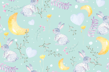 Seamless pattern moon,rabbit and Blooming flowers with watercolor on pastel background.Designed for fabric luxurious and wallpaper, vintage style.Floral pattern illustration.Botany garden.
