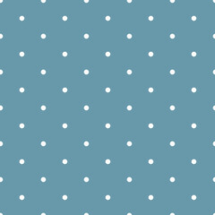 Dot seamless pattern. Repeating white small dots on blue background. Geometry repeated polka for design prints. Subtle vintage backdrop. Repeat retro lattice. Cyan simple paper. Vector illustration