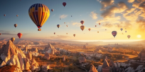 landscape hot air balloons over the valley. Generative AI	
