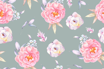 Seamless pattern of rose and blooming flowers painted in watercolor on white background.Designed for fabric luxurious and wallpaper, vintage style.Hand drawn botanical floral pattern.