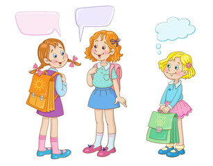 Three cute girlfriends with big school bags stand and talk. Picture in cartoon style with speech bubbles. Place for your text. Isolated on white background. Vector illustration