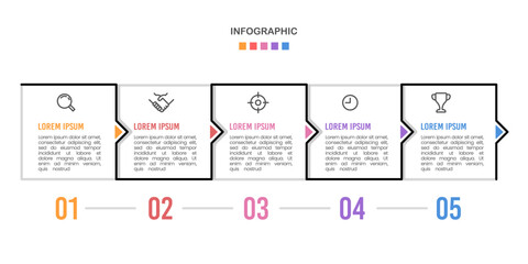 Business infographics. Timeline with 5 steps, options, and squares. Vector illustration.
