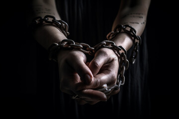 Close-up of hands tied with chains, human trafficking concept . Generative AI	
