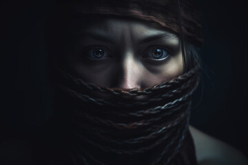 Portrait of a chained woman, human trafficking concept. Generative AI	
