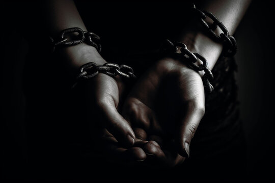 Close-up of hands tied with chains, human trafficking concept. Generative AI	
