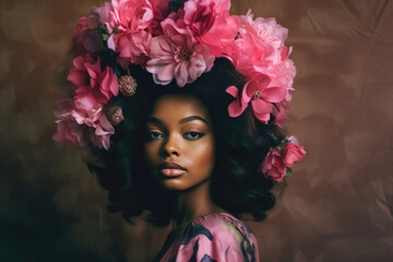 A stunning young black woman wearing a flower crown is depicted in a close-up portrait, showcasing the essence of the moment through bold colorism. Generative AI.