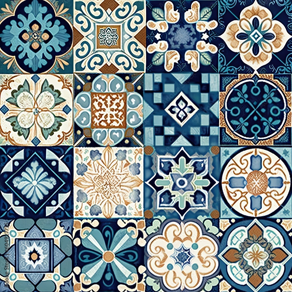 Poster seamless colorful patchwork moroccan tile. motifs majolica pottery tile. portuguese and spain decor 