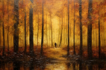 Painting by gold powder, a forest