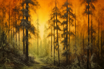 Painting by gold powder, a forest