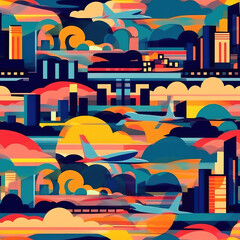 Airplanes and city seamless repeat pattern - cartoon fantasy colorful cubism, abstract art, trippy psychedelic [Generative AI]

