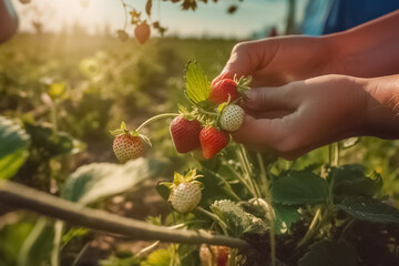 Close up, picking strawberries in the field, sunny weather, illustration. Generative AI. Strawberry, wild strawberry, plant, fruit and food, agriculture and agricultural, image