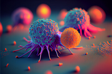 A photorealistic illustration depicting T-cells in action, targeting and attacking cancer cells, generative ai