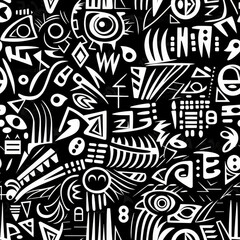 Boho funky doodles black and white seamless repeat pattern [Generative AI]
